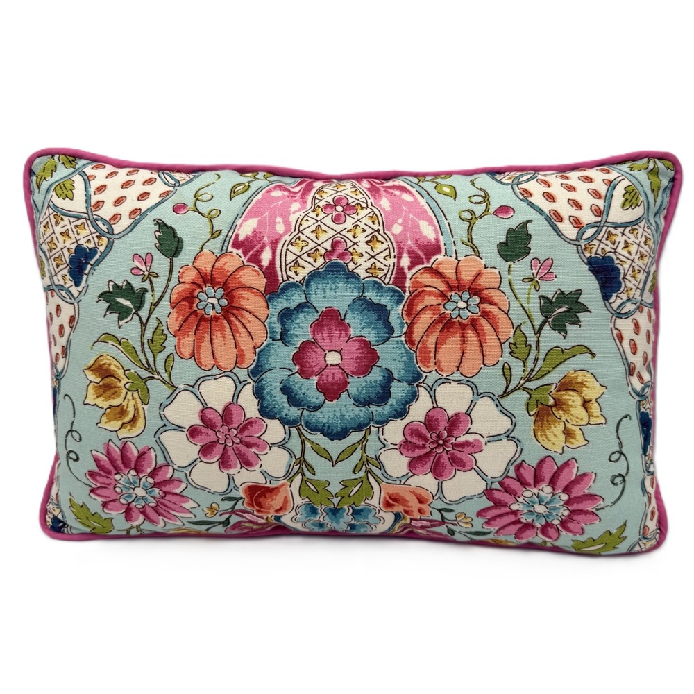Decorative Accent Lumbar Pillow Floral Fabric Boho Blue Pink Trim Spring Chic